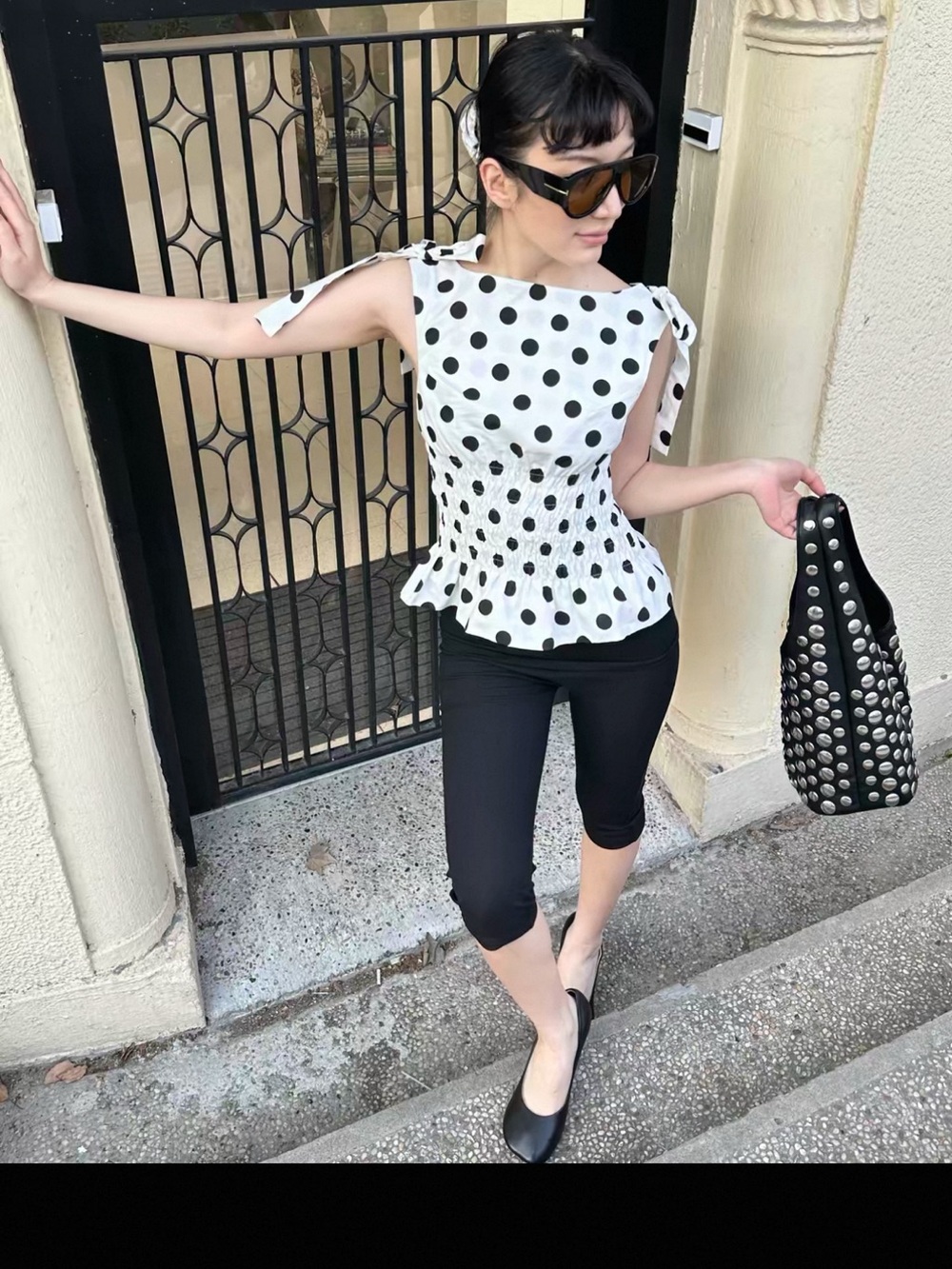 Cream Polka Dot Smocked Waist Sleeveless Blouse